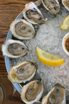 oysters on ice with lemon wedge and sauce