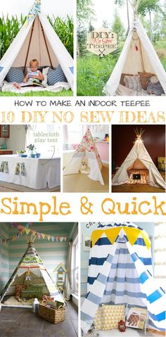 a collage of photos showing how to make an indoor teepeee tent with simple and quick instructions