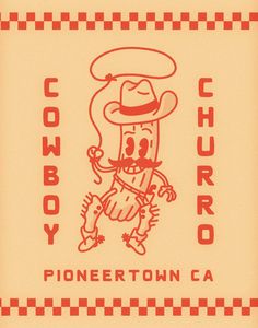 a drawing of a cartoon character with a cowboy hat on and the words cowboys written in red