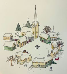 a drawing of a village in the snow