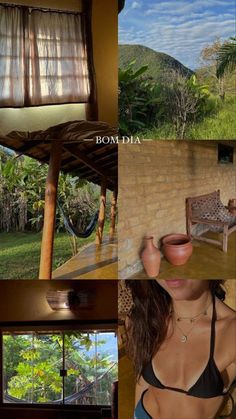 a collage of photos showing the interior and exterior of a house with wood accents