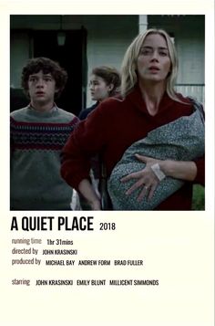 a movie poster for a quiet place with people standing in front of the door and one person holding his arms out