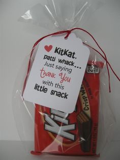 a package with a tag that says kitkatt just saying thank you with this little snack