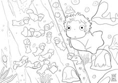 the little mermaid is swimming in the ocean with her friends coloring pages for kids and adults