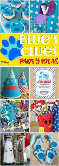 a collage of photos with blue and red items in them, including paper hats