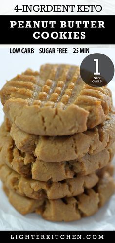 sugar - free peanut butter cookies are stacked on top of each other with the words, lighten it up