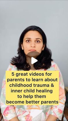 a woman sitting in front of a table with a sign on it that says, 5 great videos for parents to learn about childhood