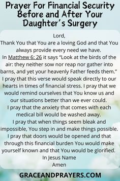 prayer for financial security before and after your daughter's surgery