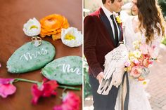 a couple standing next to each other near flowers and rocks with the word mr and mrs written on them