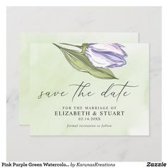 save the date card with an image of a tulip on green watercolor paper