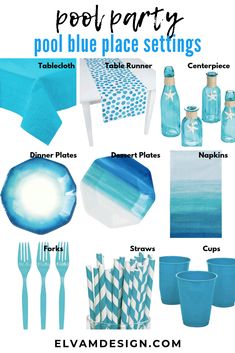 pool party supplies including blue plates, napkins, cups, and utensils