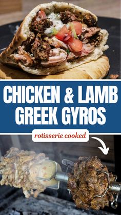 Two image collage of chicken and lamb gyro and lamb and chicken meat cooking on rotisserie over charcoal. Greek Gyros Recipe, Rotisserie Lamb, Rotisserie Recipes, Gyro Meat Recipe, Greek Style Chicken, Beef Gyro, Smoked Lamb, Lamb Gyros, Greek Gyros