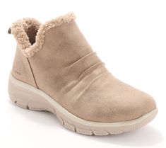 Designed for everyday wear, these booties feature a faux leather upper with a cozy sherpa trim that keeps you snug in any weather. Enjoy the comfort of a cushioned memory foam insole wherever your day takes you. From Skechers. Comfortable Waterproof Slip-on Boots, Comfortable Slip-on Waterproof Boots, Casual Synthetic Slip-resistant Hiking Boots, Slip-resistant Waterproof Ankle Boots For Hiking, Waterproof Suede-lined Ankle Boots For Outdoor, Mally Beauty, Adaptive Clothing, Fitness Gifts, Ankle Bracelets