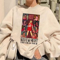 a woman wearing a sweatshirt with photos of herself on the front and behind her back