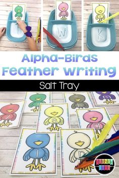 some pictures of birds and letters that are in the shape of letter writing on paper