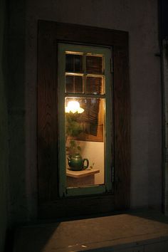 the reflection of a potted plant in a window sill at night with light coming through