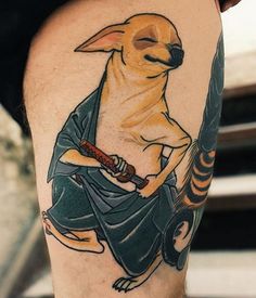 a man with a dog tattoo on his leg, holding a knife in one hand