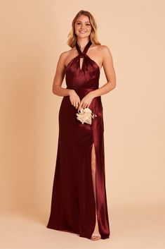 Your wedding will look like a star-studded event with your bridal party wearing this twist-front halter satin bridesmaid dress. Available in Cabernet. Hollywood glam. | Cabernet Bridesmaid Dress Shiny Satin Size 2XL | Birdy Grey Monica Monica Dress, Satin Gowns, Satin Bridesmaid Dress, Birdy Grey, Satin Bridesmaid Dresses, Floor Length Skirt, Dress Order, Floor Length Gown, Hollywood Glam