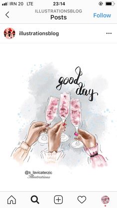 two people toasting wine glasses with the words good day written on them, in front of