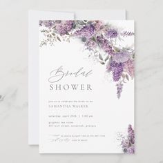 an elegant bridal shower card with purple flowers