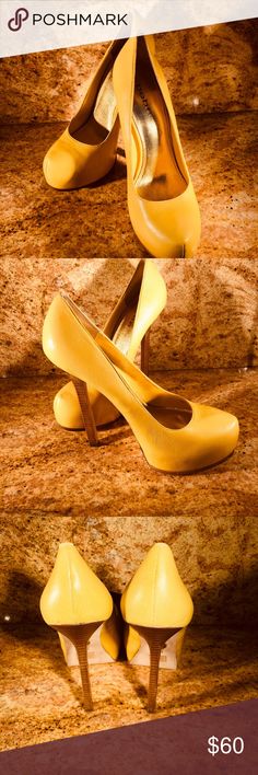 Bebe Heels Bebe Liza Yellow High Heels. Make a statement with theses sexy heels.  Heels are 6” bebe Shoes Heels Bold Fitted Leather Heels, Chic Yellow Heels For Night Out, Bold High Heels, Elegant Yellow Platform Heels, Yellow Heels With 4-inch Heel For Night Out, Yellow High Heels With Wooden Heel, Yellow Heels With 4-inch Heel For Spring, Yellow Heels With 4-inch Heel For Formal Occasions, Trendy Yellow Heels With 4-inch Heel