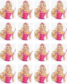 many images of barbie dolls with blonde hair and pink dress, holding a wand in her hand