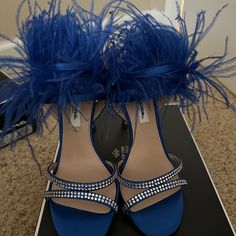 Nina Sandals | Womens Electric Blue Satin Crystal Feather Stiletto Slingback Dress Sandal Blue Prom Heels, Prom Heels Black, Heels With Feathers, Heels Black Women, Coach Winter Boots, Black Heels Prom, Steve Madden Combat Boots, White Combat Boots, Chunky Platform Sneakers