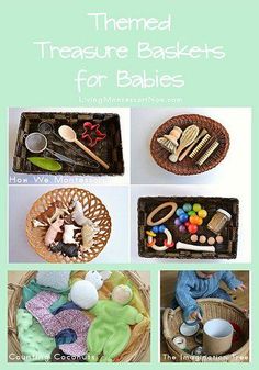 there are pictures of different items in the basket for babies to play with and learn