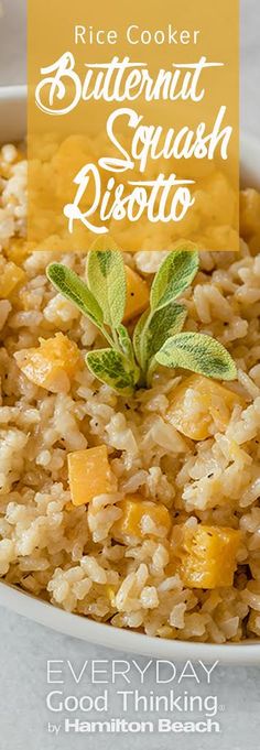 rice cooker butternut squash risoa recipe in a white bowl with green leaves on top