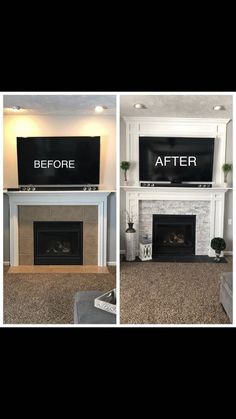 before and after photos of a fireplace with white painted mantles, black sign above the fire place