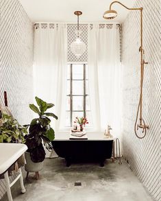 an instagram page with a black tub and white curtains in the bathroom, along with plants