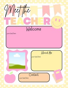 a teacher's welcome card with the words, and images in pink on it