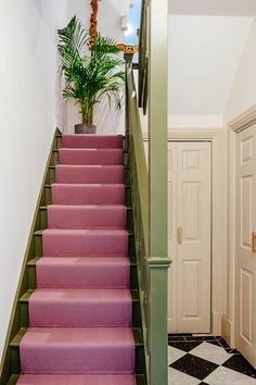 there is a pink carpeted staircase leading up to the second floor with green handrails