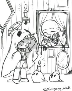 a black and white drawing of a cartoon character looking at himself in the bathroom mirror