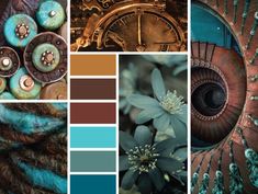 a collage of photos with different colors and designs on them, including blue, brown, and green