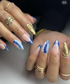 Blue Gold Nails, Summery Nails, Vibrant Nails, Vacation Nails, Nail Swag, Nails 2024, Girls Nails, Manicure Y Pedicure