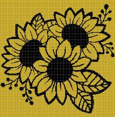 a cross stitch sunflower with leaves on it's side, in black and yellow