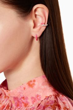 18k rose gold earcuff with diamonds and neon pink enamel Pink Single Ear Cuff, Pink Enamel Dainty Jewelry, Fine Pink Enamel Rings, Playful Pink Enamel Jewelry, Pink Enamel Hoop Jewelry, Diamond Ear Cuff, Pink Enamel, Edgy Look, Boston Ma