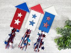 three red, white and blue ribbons with stars on them next to a potted plant