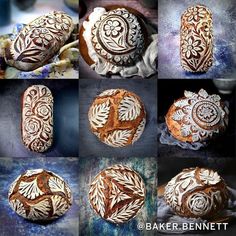 several different types of breads with designs on them