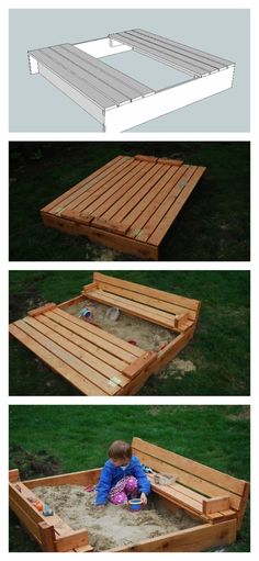 an outdoor sandbox is made out of pallets and wooden slats, so kids can play in it