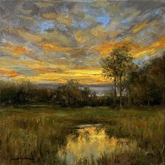 an oil painting of a sunset over a lake with trees in the foreground and clouds in the background