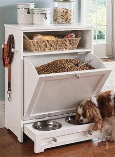 a brown and white dog standing next to a food dispenser on the floor