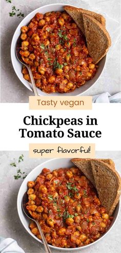 two bowls filled with chickpeas in tomato sauce and toasted bread on the side