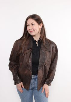 Hi! This is vintage from 80s leather blazer in brown color. This retro women grunge jacket made of LEATHER. The model in the photo is 170 cm tall and is wearing a SMALL size grunge jacket ( S - size on the tag.) . But, be careful, this is a vintage size, it is better to check the measurements below in the product description. Sleeve - 50cm / 19.68inch; ( armpit to end of sleeve); Width - 52cm / 20.48inch; Length - 58cm / 22.83inch. All measurements are taken seam to seam while lying flat. Sleeve Distressed Brown Long Sleeve Leather Jacket For Fall, Distressed Brown Leather Jacket For Fall, Retro Brown Leather Jacket, Vintage Brown Leather Jacket For Fall, Vintage Leather Jacket With Long Sleeves For Fall, Vintage Leather Biker Jacket For Fall, Vintage Brown Long Sleeve Biker Jacket, Vintage Distressed Brown Leather Jacket, Vintage Long Sleeve Leather Jacket For Fall