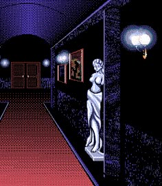 an old style video game with a woman standing in the hallway