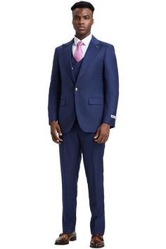 This fashion forward suit from Stacy Adams features a 1 button suit jacket with a wide peak lapel, side vents, a gold button closure, and a contrast pinstripe. The vest is double breasted and also features gold buttons. The pants are flat front. (Sizes 34-44 = Slim Fit / Sizes 46+ = Modern Fit) Dapper Single Breasted Three-piece Suit For Formal Occasions, Dapper Single-breasted Three-piece Suit For Formal Occasions, Dapper Three-piece Single Breasted Suit For Formal Occasions, Elegant Pinstripe Double Breasted Suit With Double Button Closure, Elegant Pinstripe Double-breasted Suit With Double Button, Elegant Pinstripe Double Breasted Suit, Semi-formal Pinstripe Suit With Double Button Closure, Pinstripe Suit With Double Button For Semi-formal Occasions, Pinstripe Suit With Double Button For Semi-formal