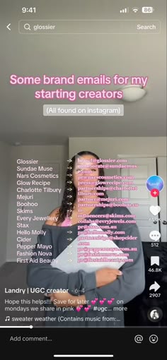 a woman standing in front of a computer screen with the text some brand emails for my starting creators all found on instagram