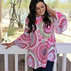 Plus Size Pink Gorgeous Medallion 3/4 Ruffle Sleeve Silky Tunic With Pockets Made In Usa True To Size Silky Feeling With Pockets Approximately 32/33" Shoulder To Hem 92% Polyester - 8% Spandex Casual Flowy Half Sleeve Tops, Flowy Half Sleeve Casual Tops, Plus Size Pink, Black Tunic Tops, Tie Dye Tunics, Boho Tunic Tops, Plaid Tunic, Tunic Pattern, Polka Dot Shirt