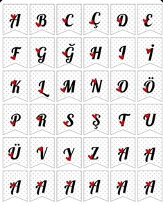 the alphabet is made up of black and white letters with red bows on them,